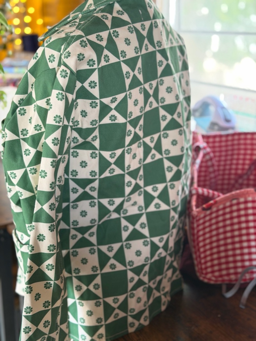 Lisa Says Gah Green and White Geometric Patchwork Jean Jacket - Picture 5 of 7